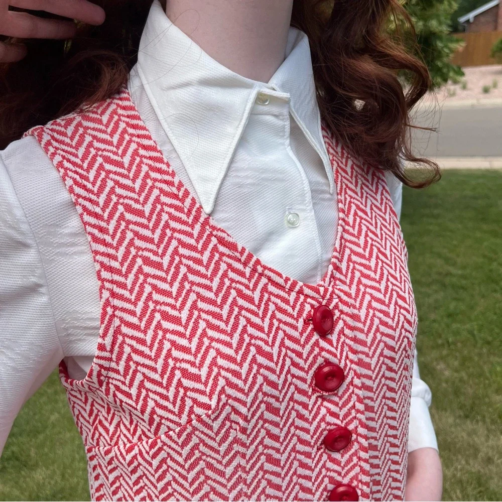 Vintage 1960 70 Mod Red white Herringbone Long Vest Skirt Suit Set Small